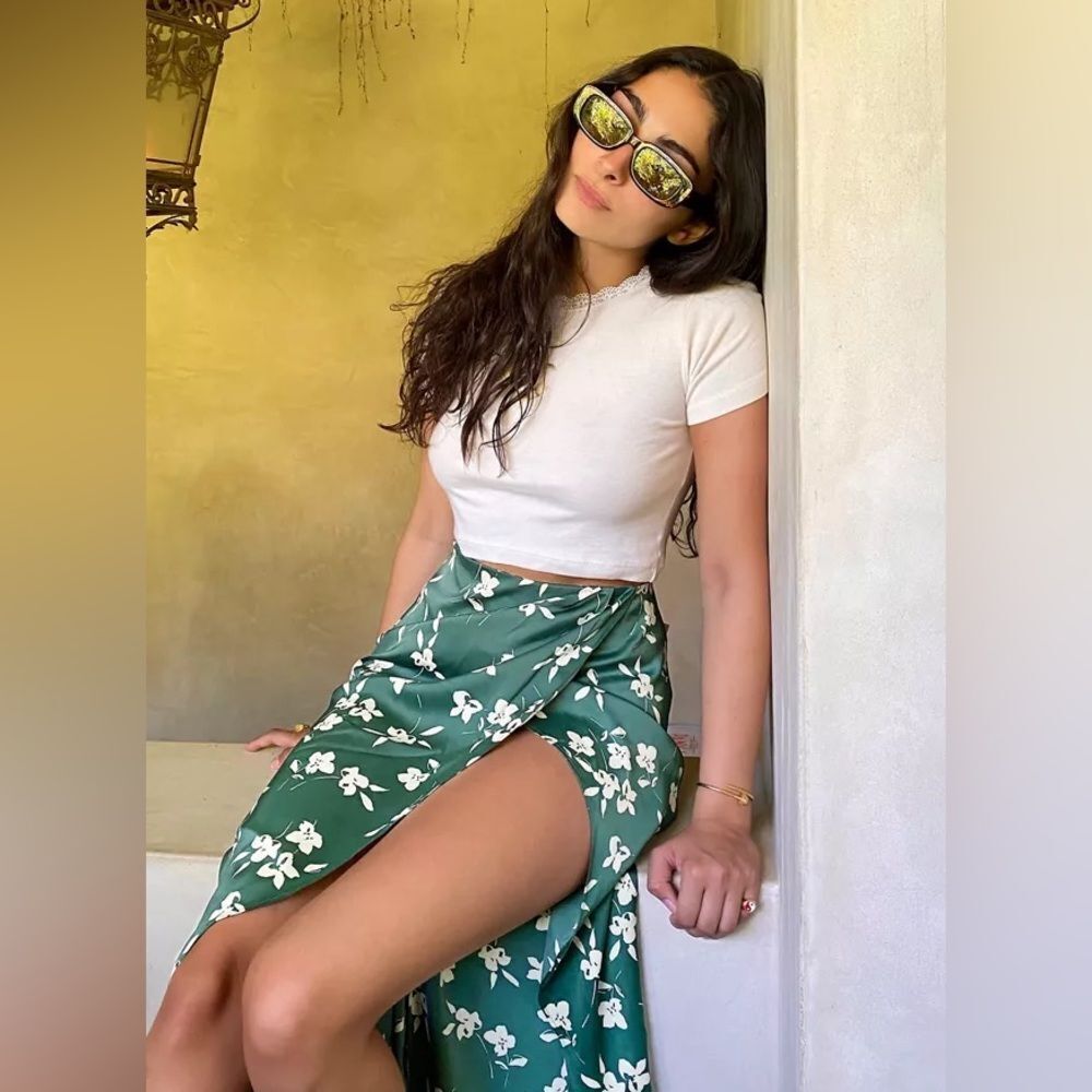 Urban Outfitters Green Floral Asymmetrical Wrap Skirt